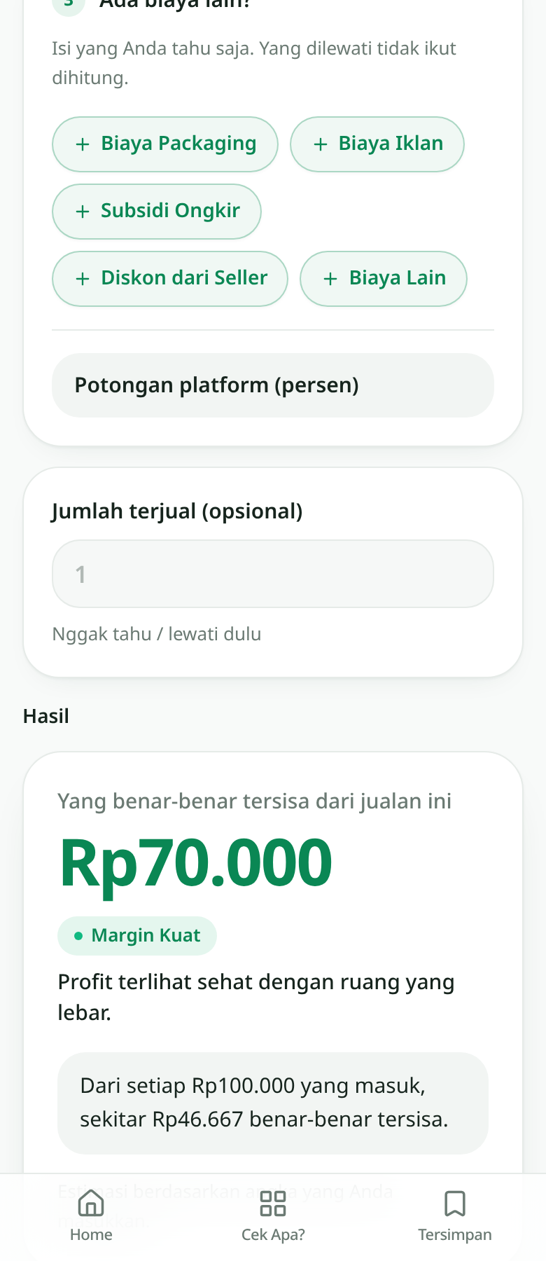 Layar hasil ProfitPop menampilkan untung bersih