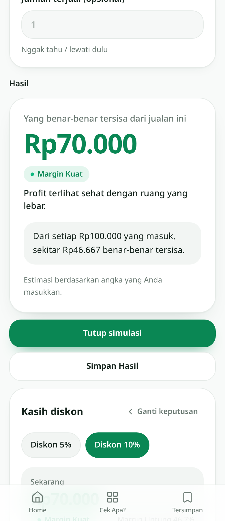 Simulasi dampak keputusan di ProfitPop