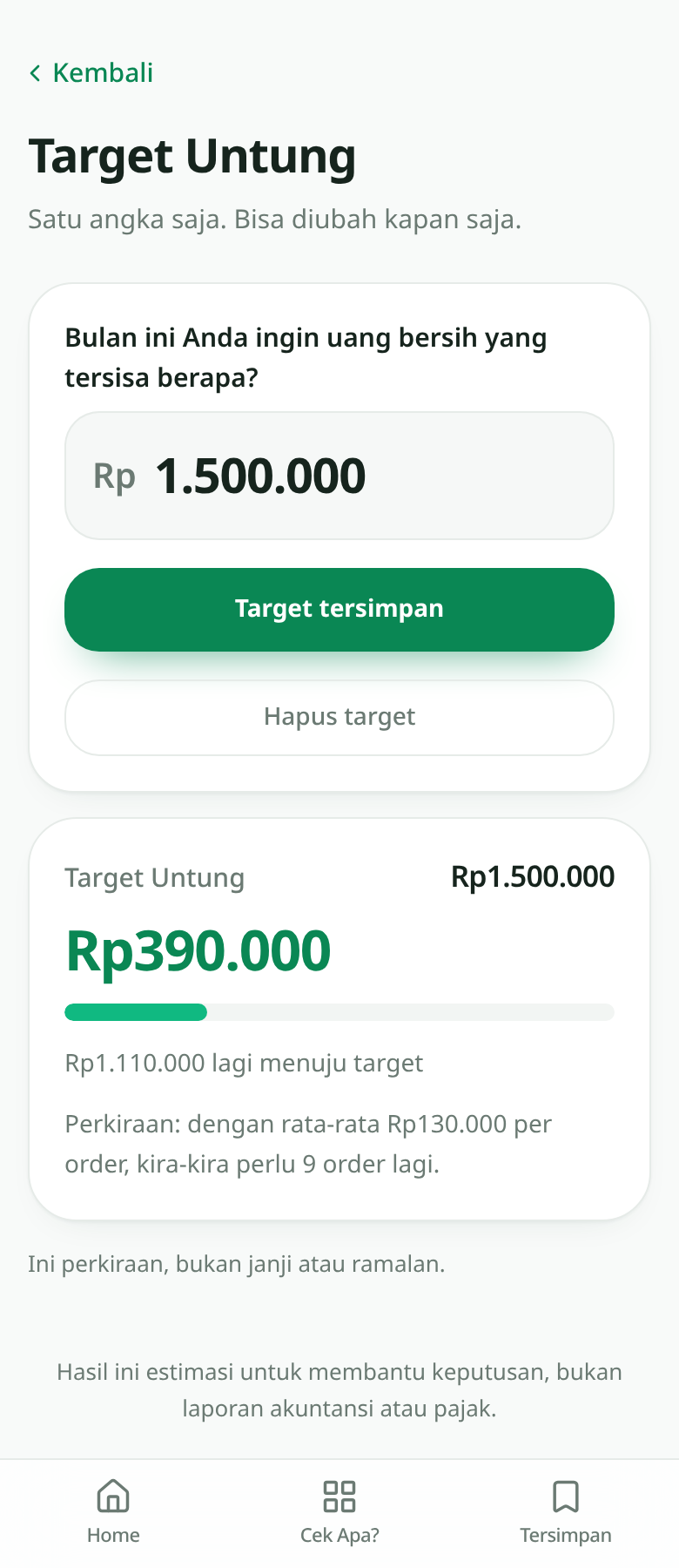 Target uang bersih di ProfitPop